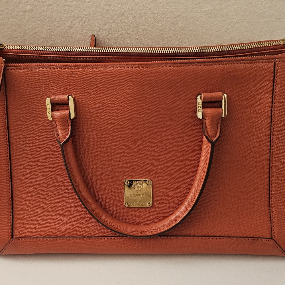 MCM Orange Satchel with Gold Accents - Picture 14 of 14